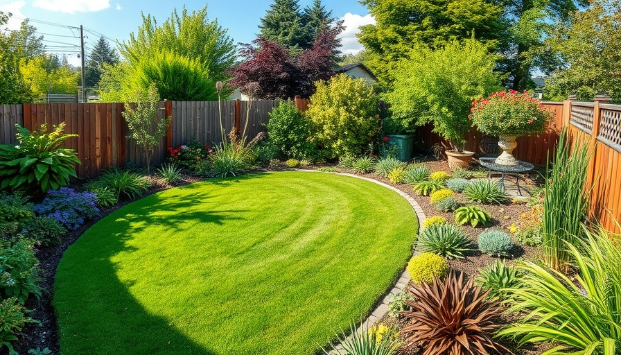 Lush backyard lawn with diverse landscaping design.
