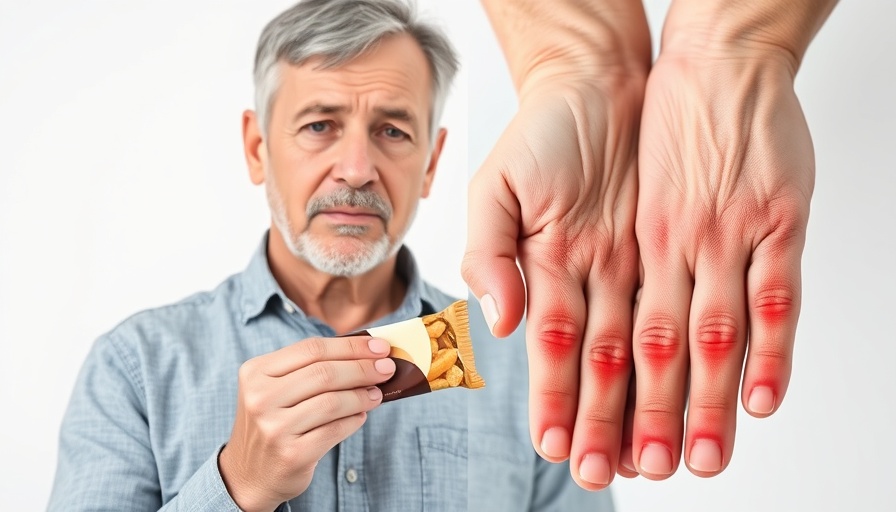 Man holding snack bar next to arthritic hands with redness, worst foods for arthritis.
