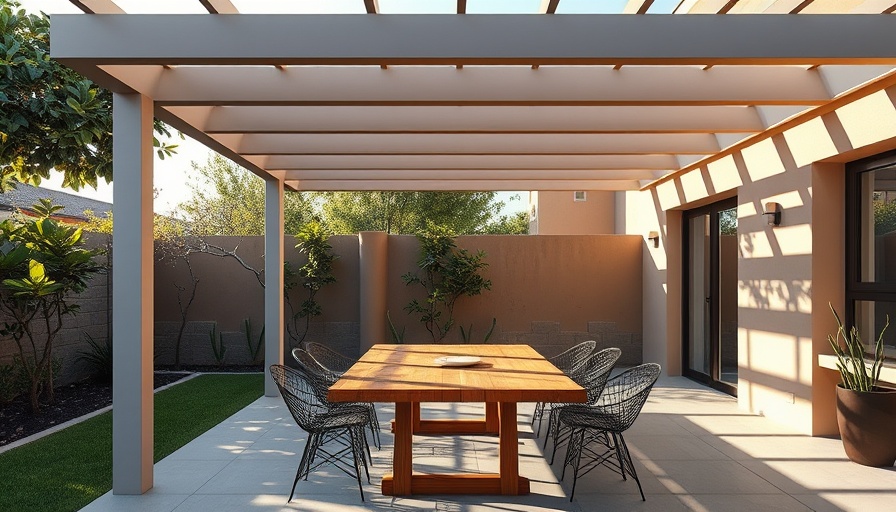 Modern cantilever pergola design shading an outdoor dining area