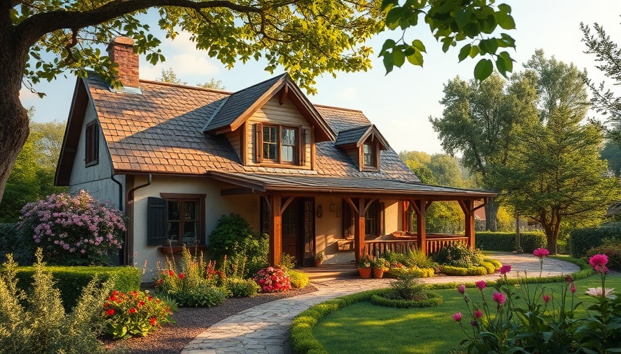 Vintage rustic garden oasis surrounding a charming rustic house.
