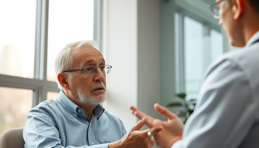 Concerned older man discussing new combination drug therapy for prostate cancer.