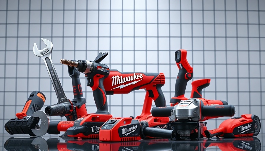 Milwaukee power tools promotion with vibrant orange grid background.