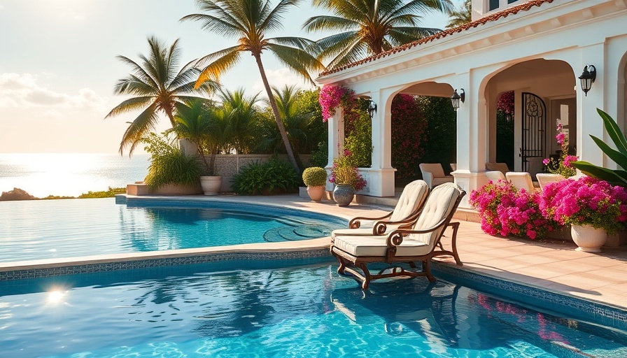 Luxurious small yard hardscaping with pool and tropical decor.