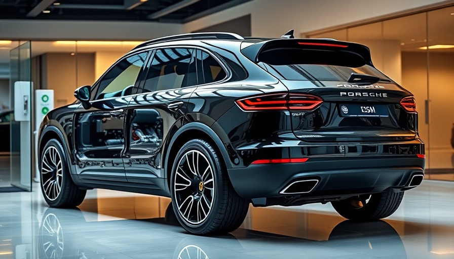 Porsche Cayenne EV chassis in showroom, highlighting charging components.