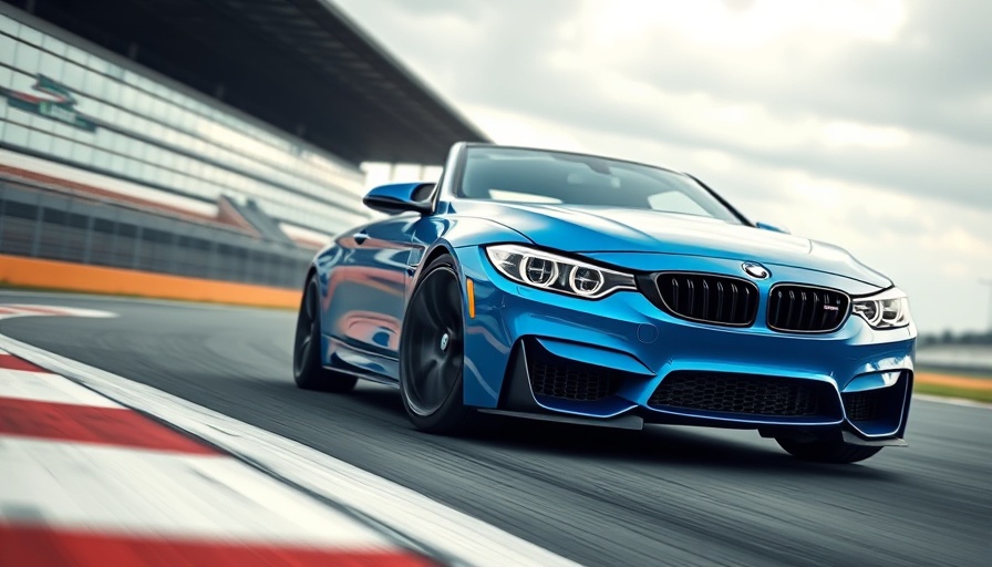 Blue BMW M4 racing on a track with blurred background.