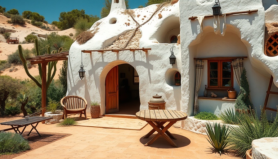 Charming white cave house exterior with rustic table and greenery.