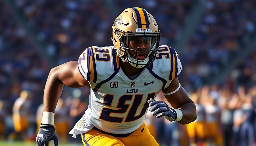 LSU football player sprinting on field, intense focus.
