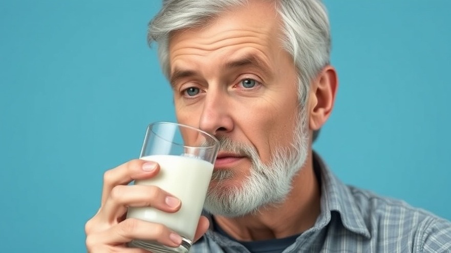 Mid-aged man drinking milk, highlighting symptoms of vitamin D deficiency.