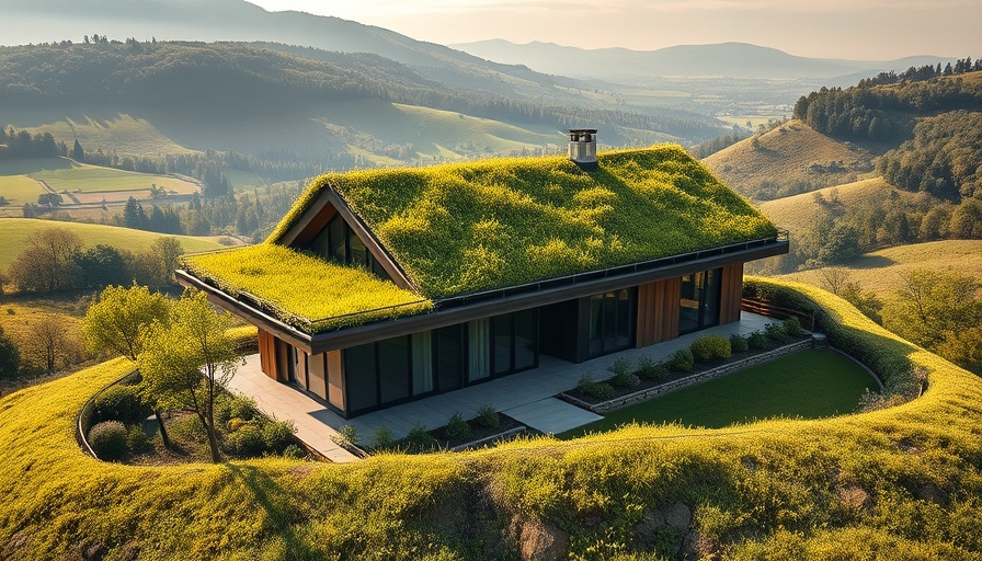 Modern house in the slope surrounded by greenery and fields.