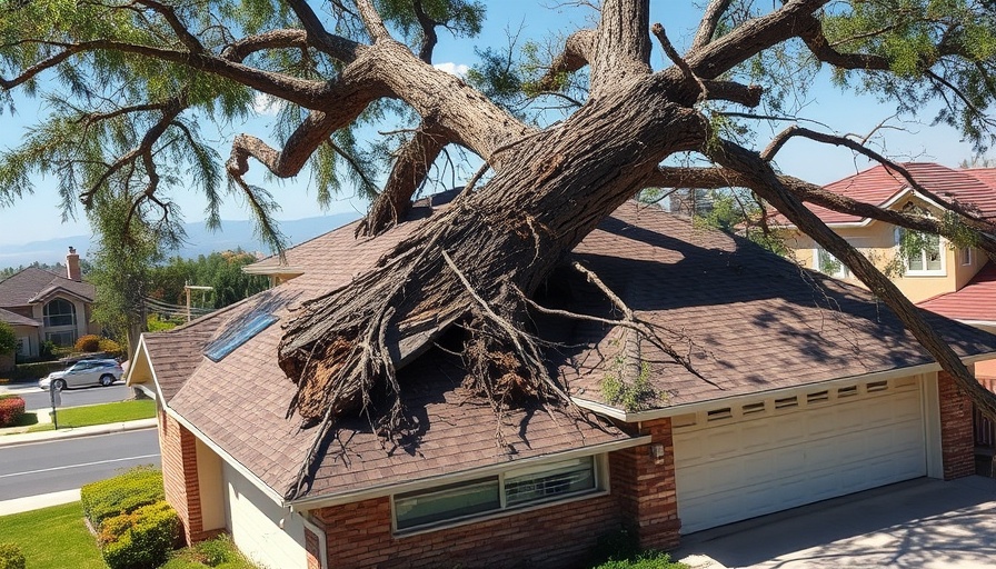 Storm-damaged house with fallen tree on roof, clear day.