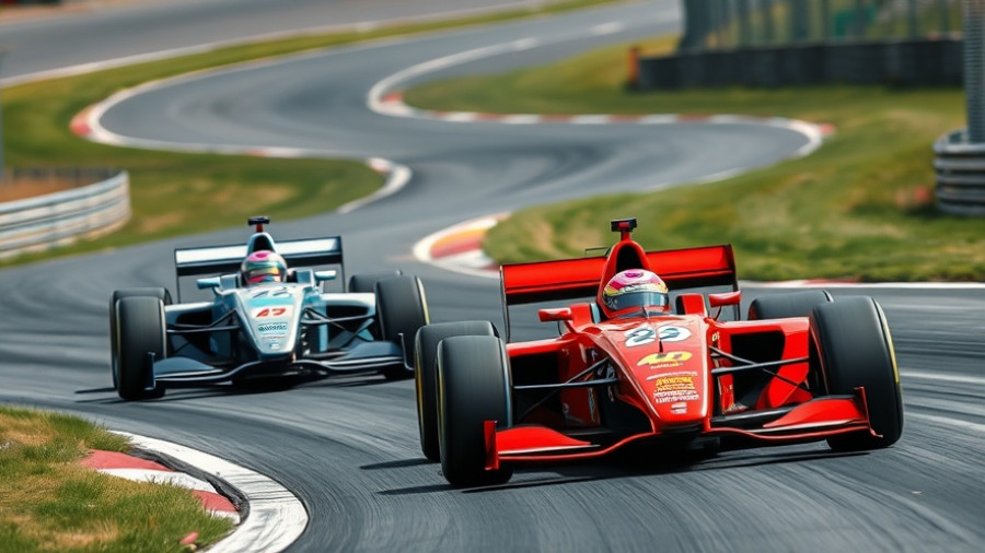 Formula One race cars speeding on a track in a competitive chase.