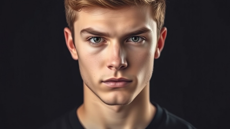 Portrait of a confident young man with intense gaze against a dark background, related to Formula One.