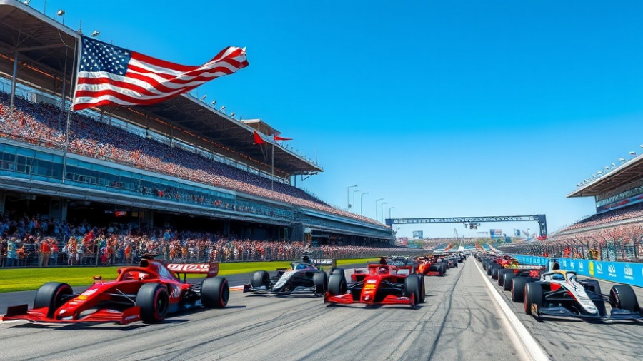 Formula One cars racing on track with large American flag and crowd.