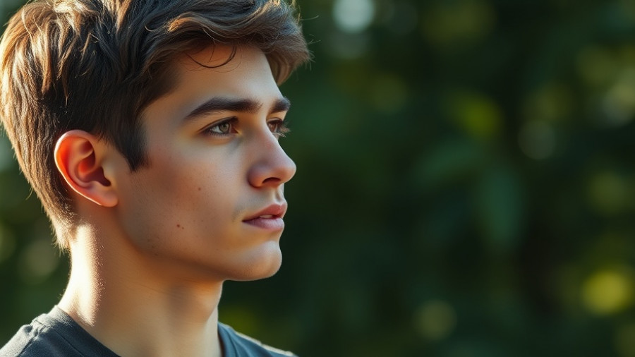Young man with thoughtful expression outdoors against blurred green backdrop.