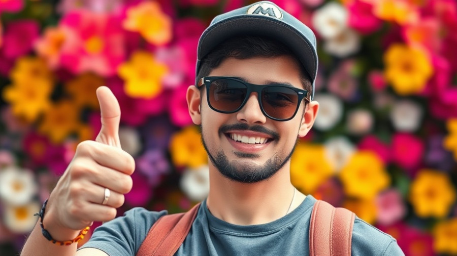 Casual young man giving thumbs up outdoors with a floral backdrop.