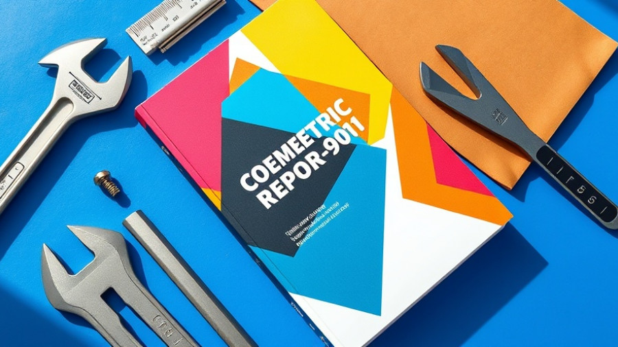 Geometric design on a construction industry report cover with tools.