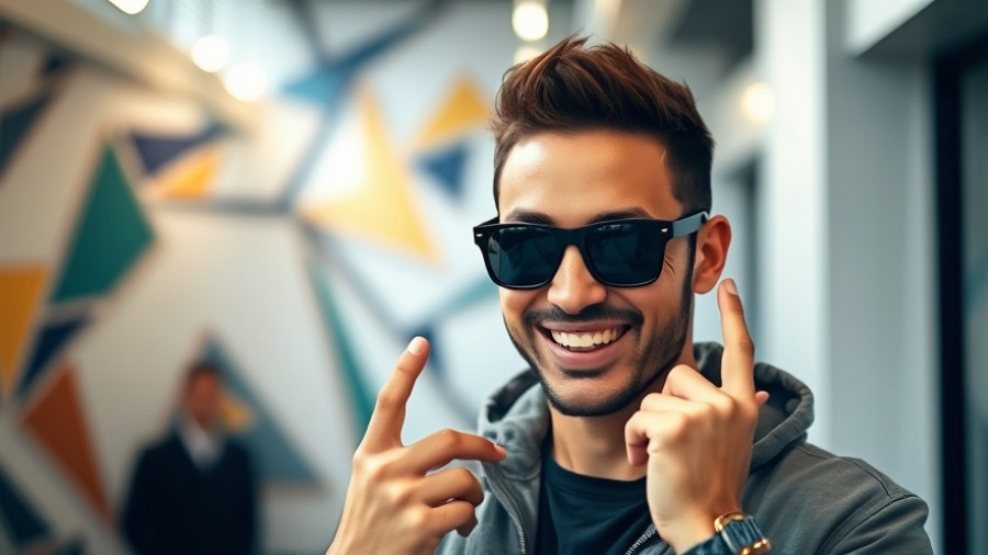 Young man with F1 racing sunglasses indoors, smiling and posing.