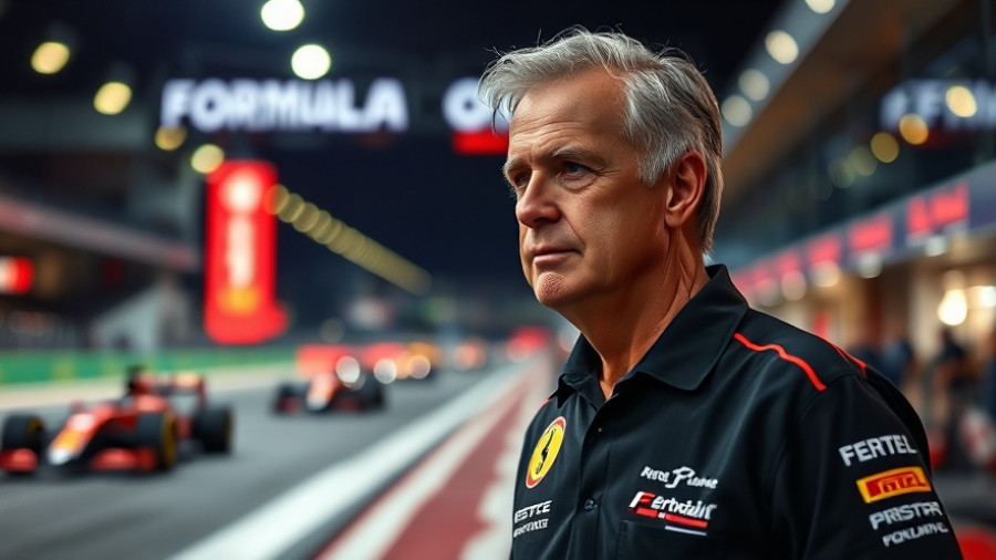 Middle-aged man on a Formula One pit lane, night race atmosphere.