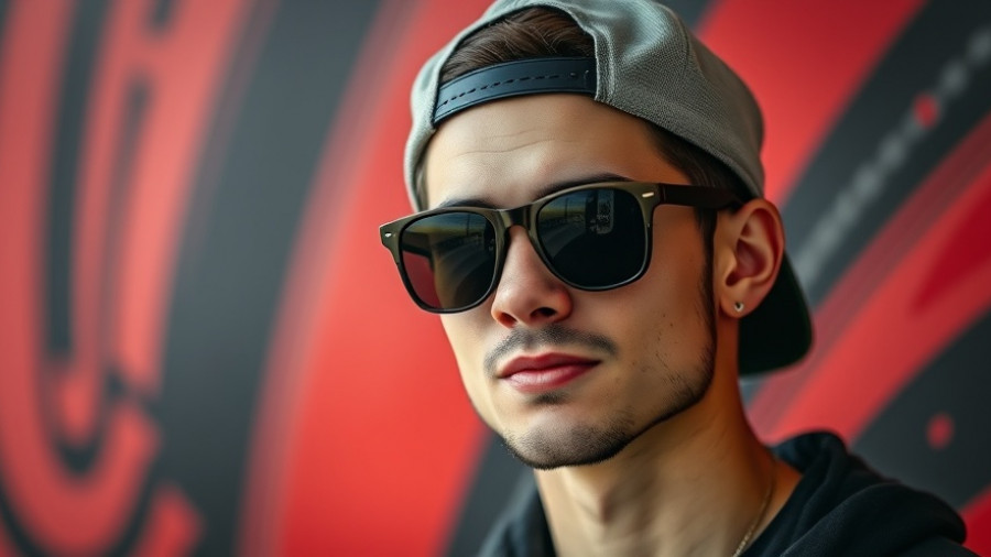 Confident young man in sunglasses outdoor, Formula 1 style.