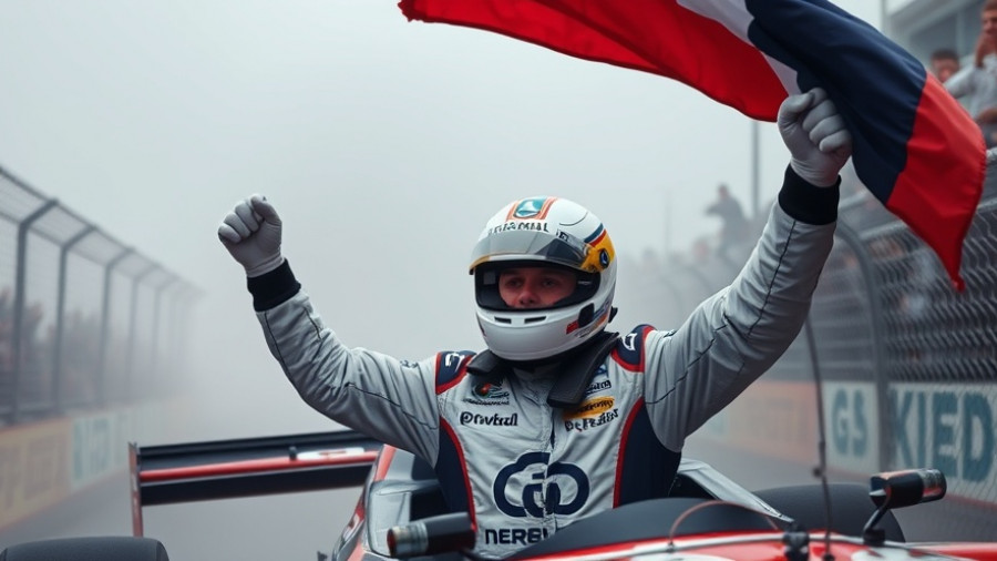 NASCAR Truck playoffs driver holding flag in mist.