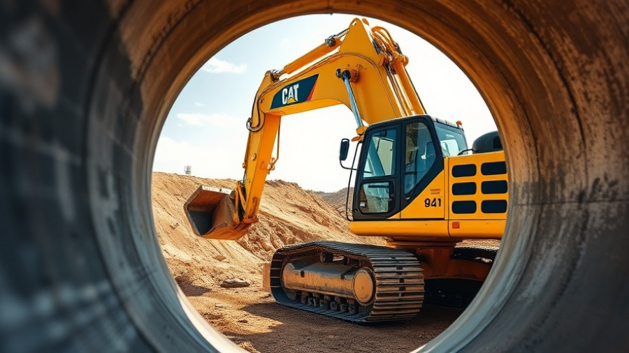 Excavator viewed through concrete pipe at construction site, delayed construction payments context.