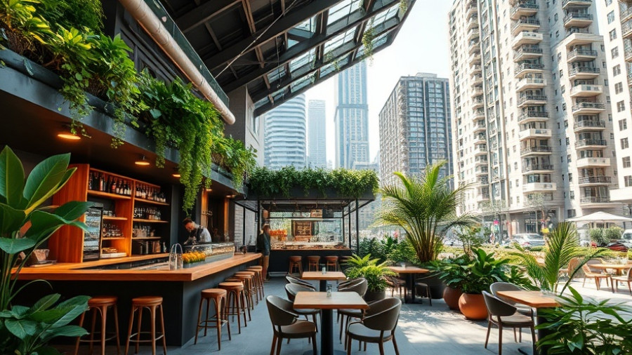 Sustainable cafe design with modern architecture and greenery.