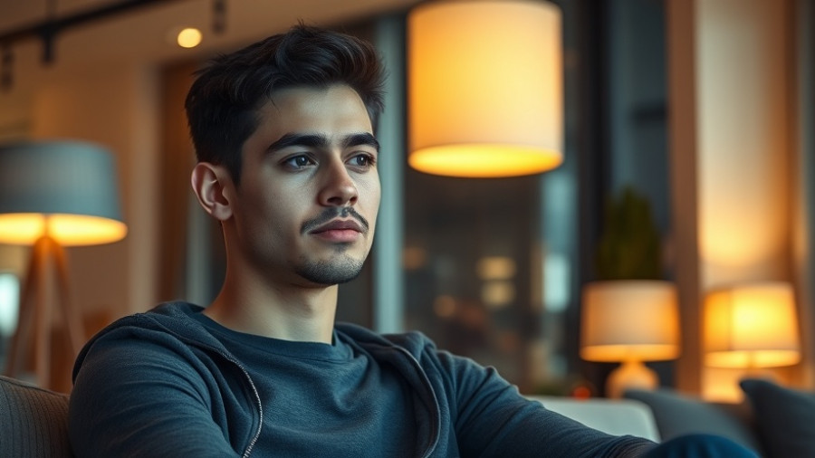 Stylish young man seated in a modern setting with warm lighting.