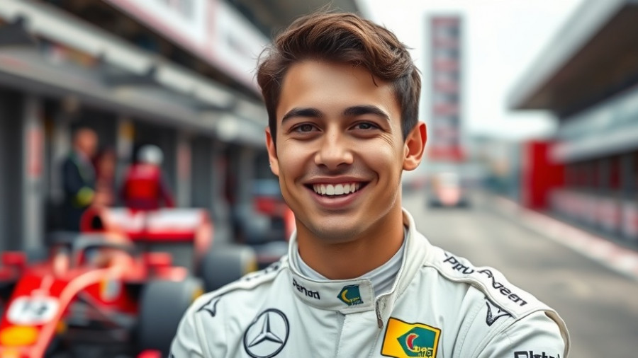Formula One driver smiling in white racing suit, race day