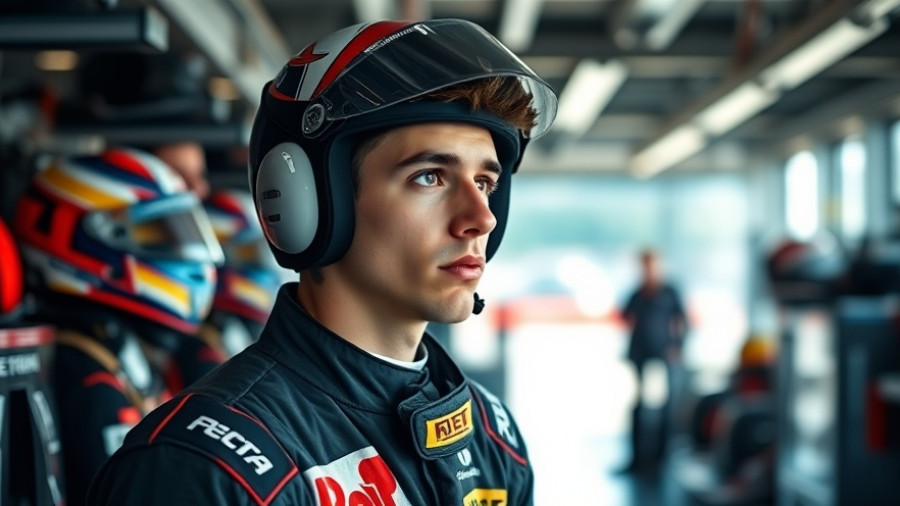 Formula One driver in racing gear standing in F1 garage.