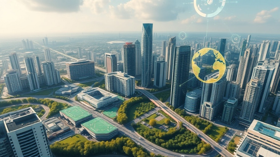 Futuristic cityscape showing smart construction technology for sustainability.