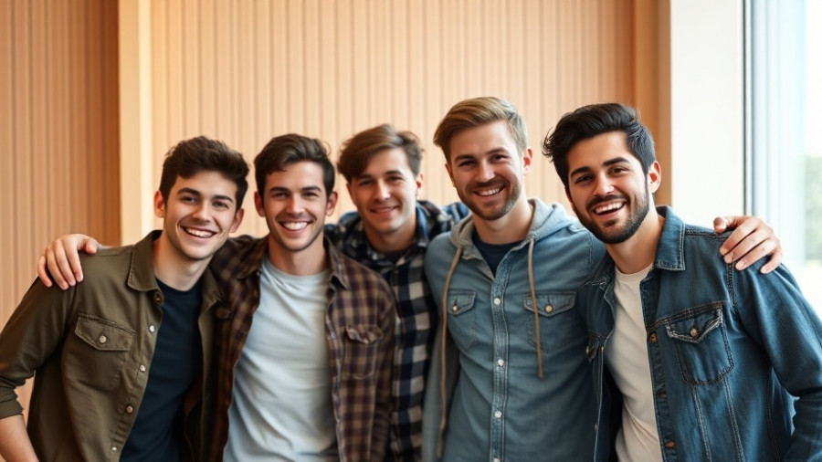 Group of young men in casual attire posing indoors.
