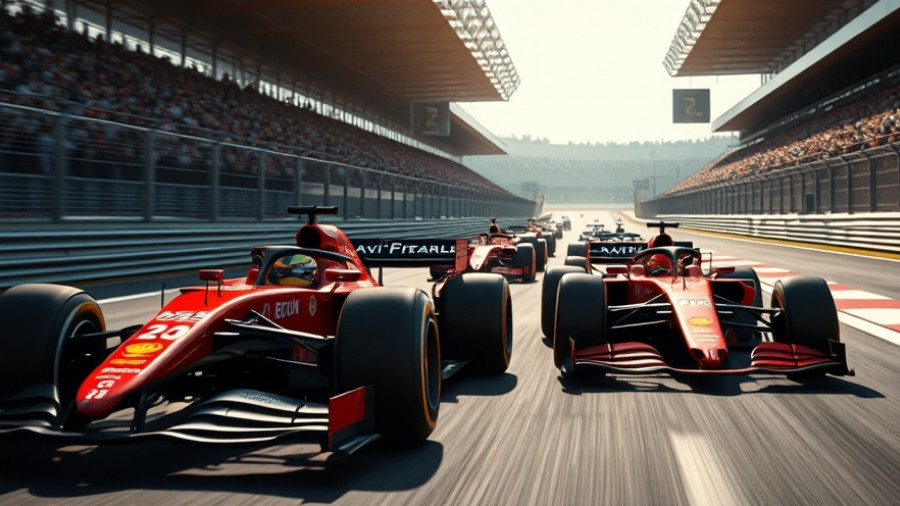 Formula 1 cars racing side by side on track during intense competition.