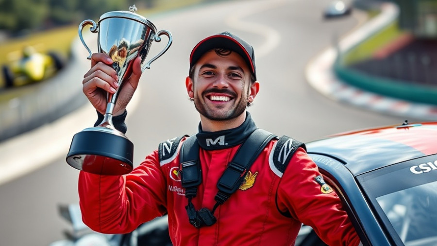 Formula One Championship lead driver holding victory trophy.