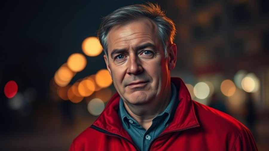 Man in red jacket outdoors amid blurred lights at night.