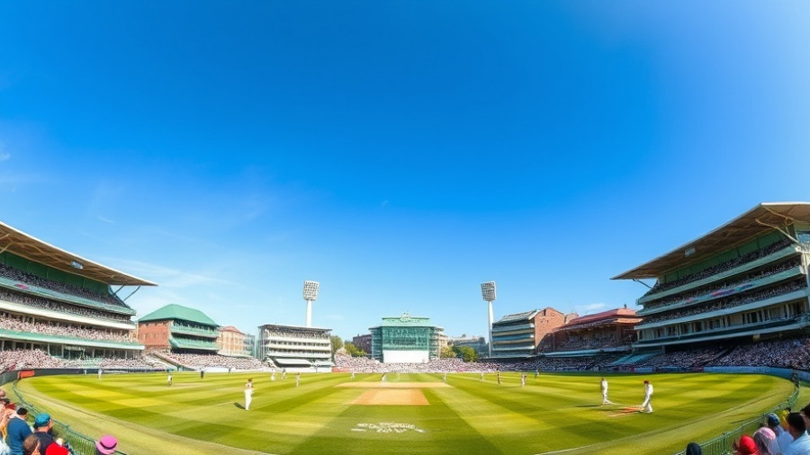 Lively cricket match at Lord's Cricket Ground with Compton and Edrich Stands.