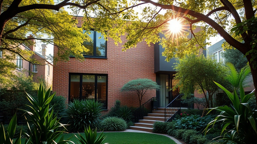 Transformation House Gurugram with lush garden and brick facade.