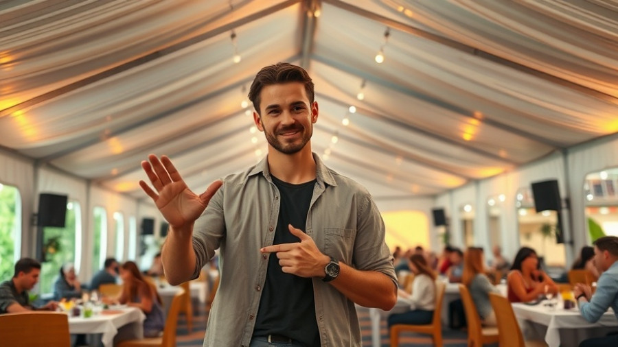Young man in a dining tent gesturing approval with Formula 1 event ambiance.