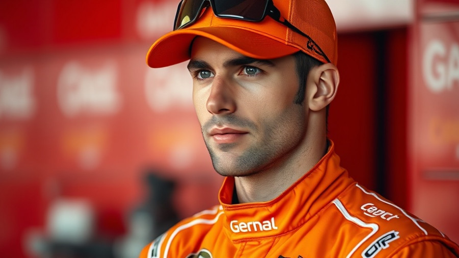 Denny Hamlin Championship Race in orange suit and cap in race setting.