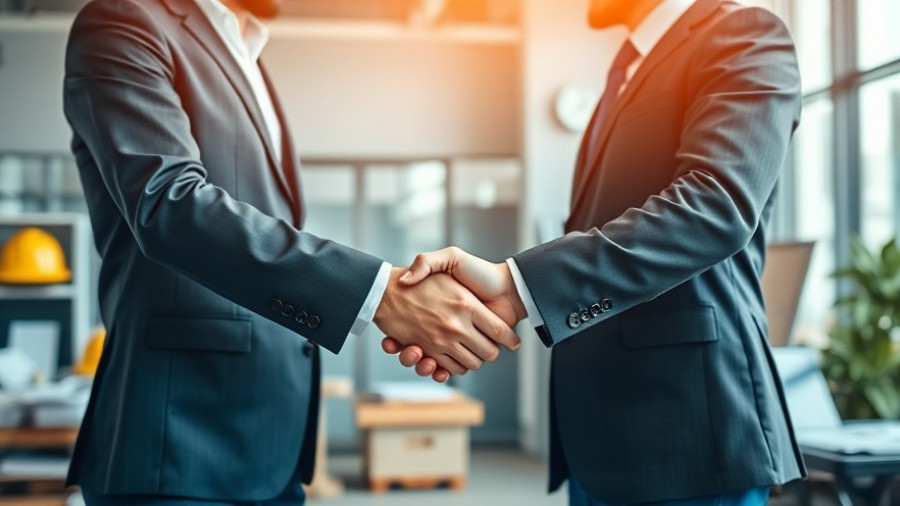 Business handshake in an office with construction tools, representing automated vendor payment solutions.
