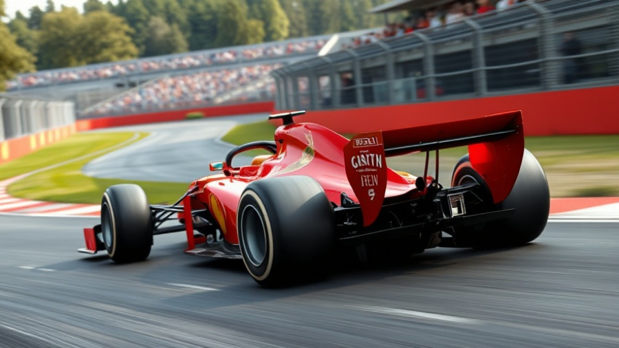 Ferrari F1 car on race track showcasing performance.