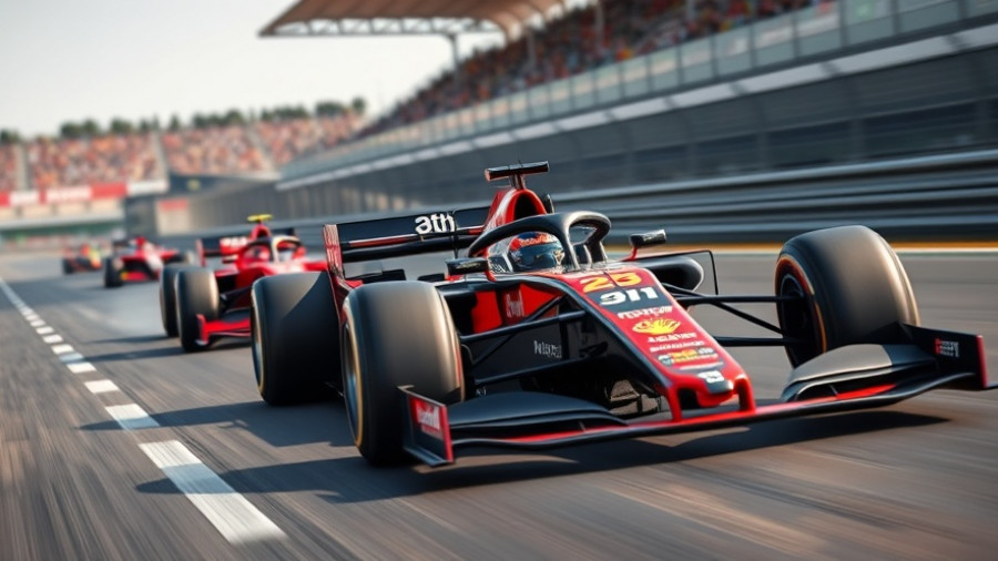 Ollie Bearman F1 car during a high-speed race, dynamic and vivid.