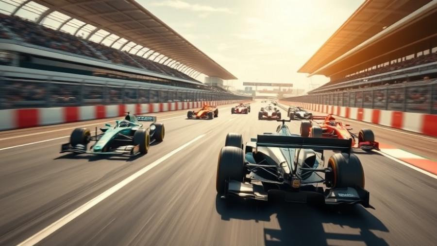 Formula One cars racing at high speed, illustrating cost cap compliance.