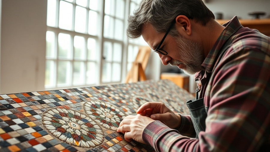 Craftsman inspecting mosaic tile work in airy room, showcasing tile craftsmanship recognition.