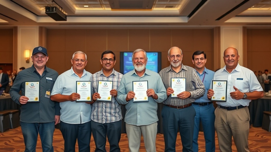 National Tile Contractors Association Impact Award recipients holding plaques at a conference.