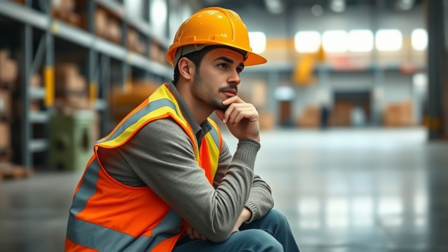 Pensive construction supervisor reflecting in warehouse, highlighting mental health.