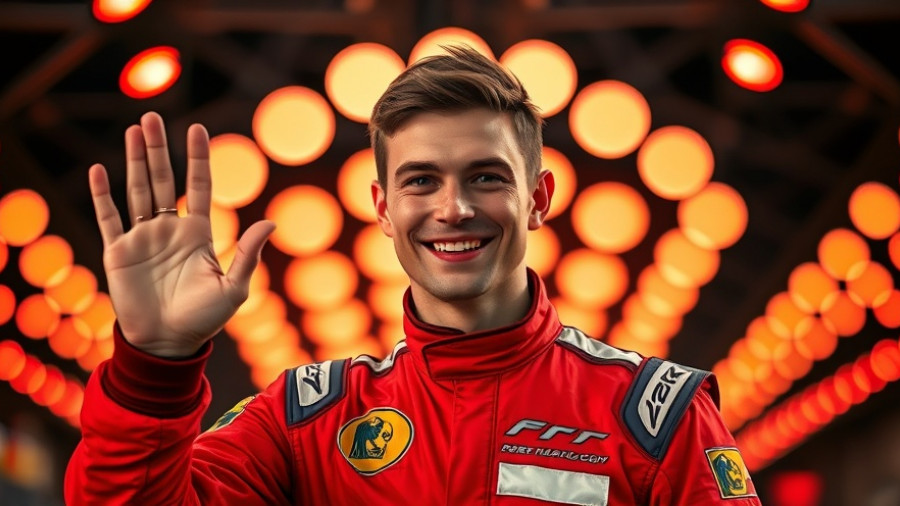 William Sawalich NASCAR Xfinity driver waving, bright lights background.