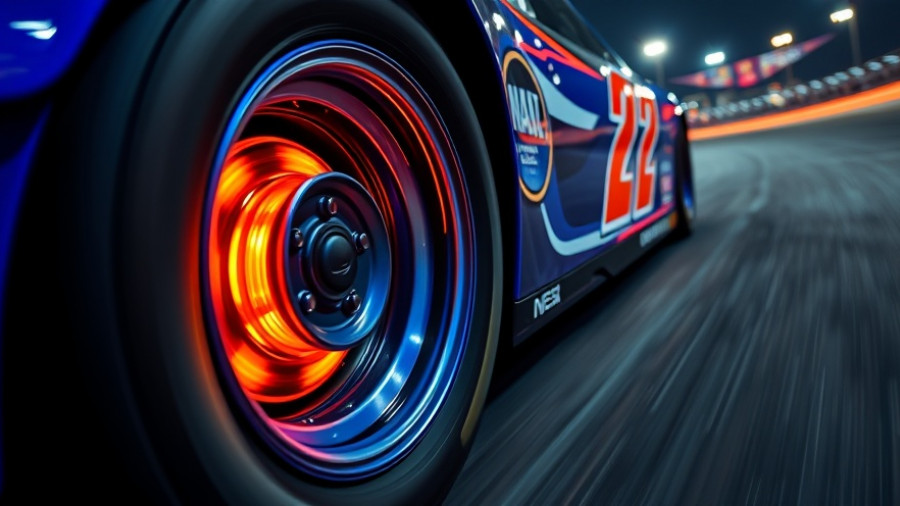 Blue NASCAR race car with glowing brake disc speeding on track at night.