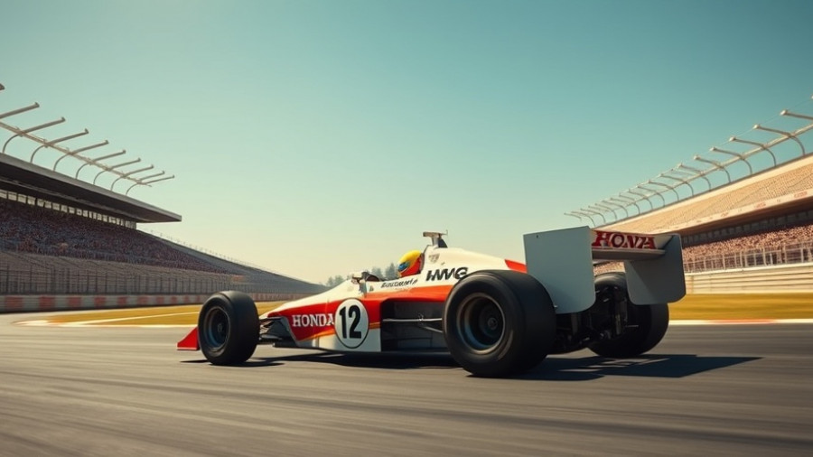 Vintage Honda F1 car at historic racing event, stadium stands