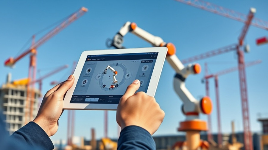 Automation in construction: person uses tablet to control robotic arm.