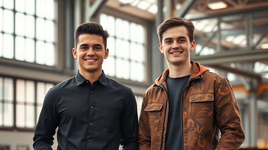 Two young men standing casually inside a modern building, Formula 1.